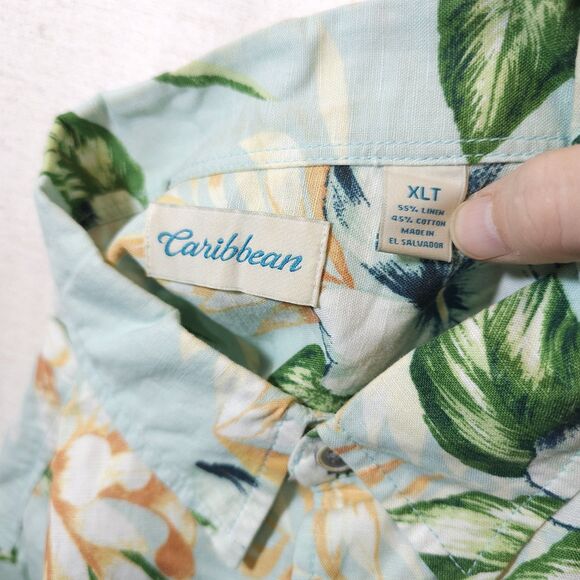 Caribbean Mens Hawaiian Floral Shirt Light Blue Hibiscus Linen Blend Tall XLT - Picture 4 of 11